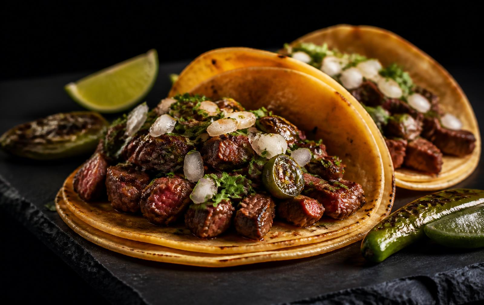 Steak tacos on corn tortillas with onion, cilantro and lime